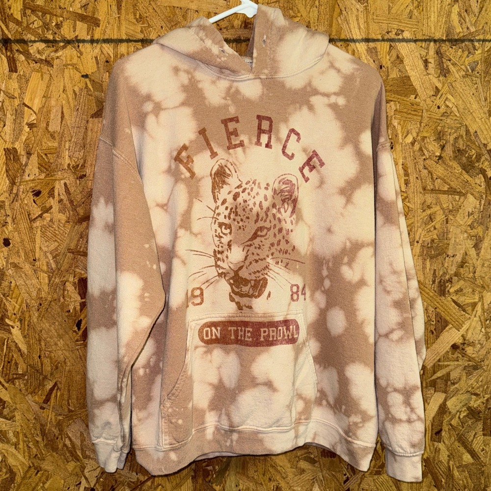Goodie Two Sleeves Leopard Graphic Hoodie Brown Tie Dye Pullover Sporty Lounge M - Picture 1 of 5